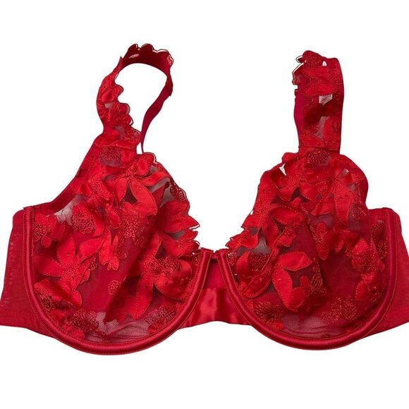 Victoria’s Secret Floral Embroidery Bra Very Sexy Unlined Demi Red 36DD Sheer - Picture 2 of 8